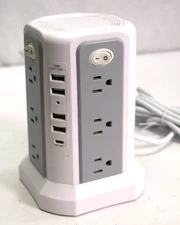 Tower Power Strip Flat Plug Surge Protector 12 Outlets 4 USB A 1 USB C WhiteGray