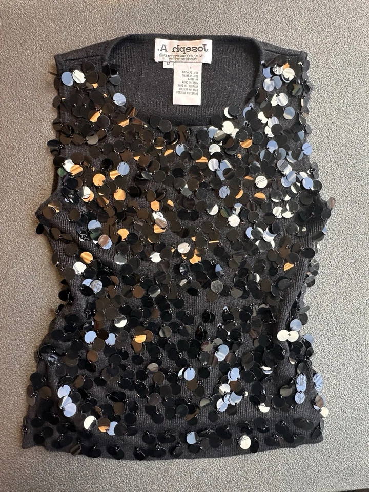 Joseph A. Camiseta sin mangas con lentejuelas de seda negra M fiesta vintage 90 Bling Glam Y2K elegante rara Foto 2 de 4
