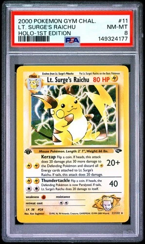 2000 POKEMON GYM CHALLENGE HOLO-1ST EDITION #11 LT. SURGE'S RAICHU PSA 8