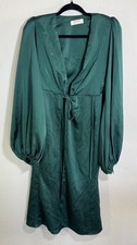House of CB Shiloh Emerald Green Satin Wrap Midi Dress Long Sleeve Size XS