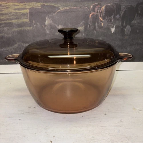 Vtg Visions Corning Ware Pyrex Amber 4.5L Glass Dutch Oven Stock Pot & Lid