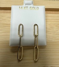 14K Real Yellow Gold Paper Clip Dangling Push Back Stud Earrings 35mm