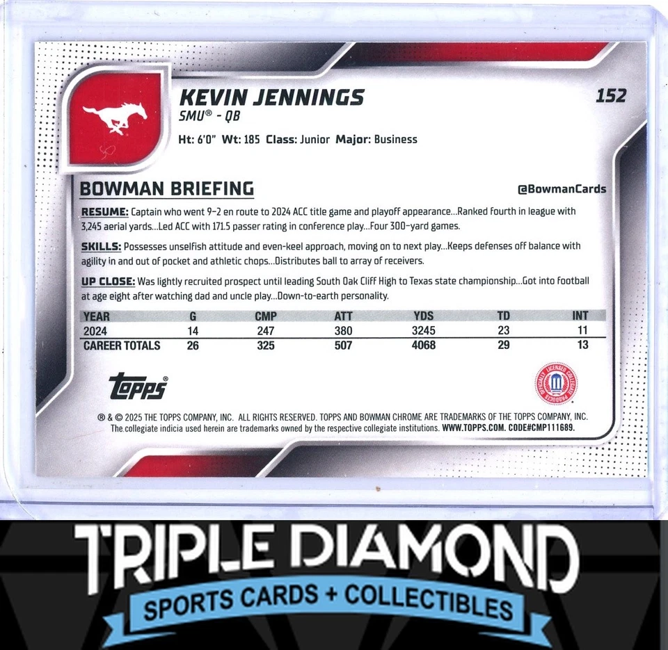 2025 Bowman University Chrome 1st Kevin Jennings SMU K96 - Image 2 of 2