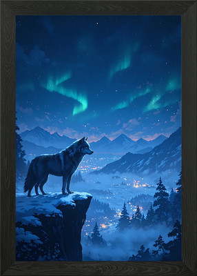 Wolf on Cliff Under Aurora Borealis Framed Wall Art Poster Canvas Print Picture