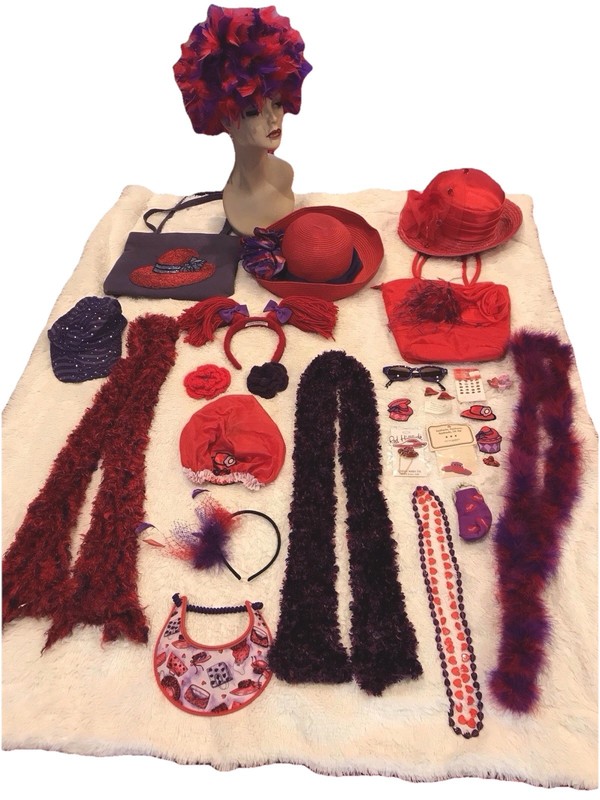 Red Hat Society HUGE LOT of Vintage & Collectibles Hats Purses Broaches Scarfs +