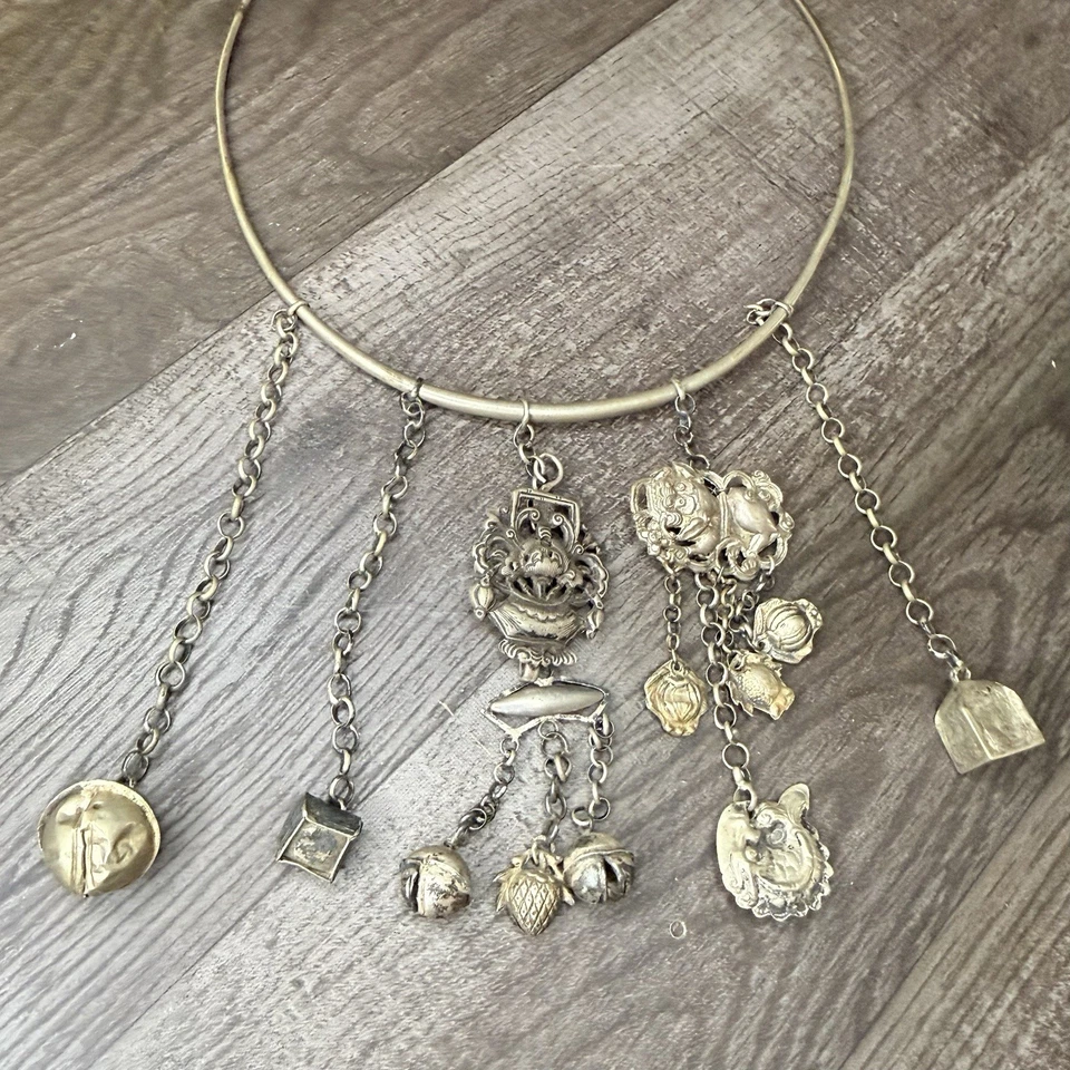 Antiguo collar chino Qing 19C medallón de plata esterlina ajustable 20 pulgadas Foto 2 de 4