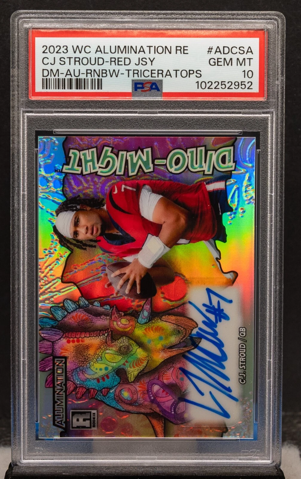 CJ Stroud Wild Card Alumination Rookie Edition Dino-Might Autographs #ADCSA Blue Jersey-Rainbow-Triceratops