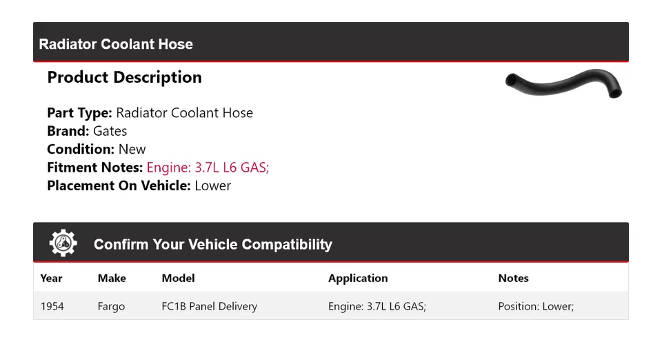 Para 1954 Fargo FC1B Panel Entrega 3.7L L6 GAS Radiador Refrigerante Manguera Puertas Inferiores Foto 2 de 4