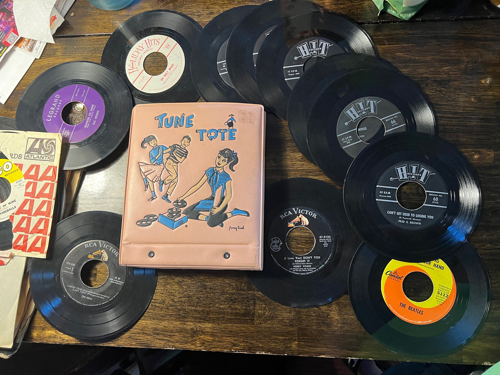 vinyl Records with Records Holder VINTAGE Pink Ponytail Tune Tote 1950'-image