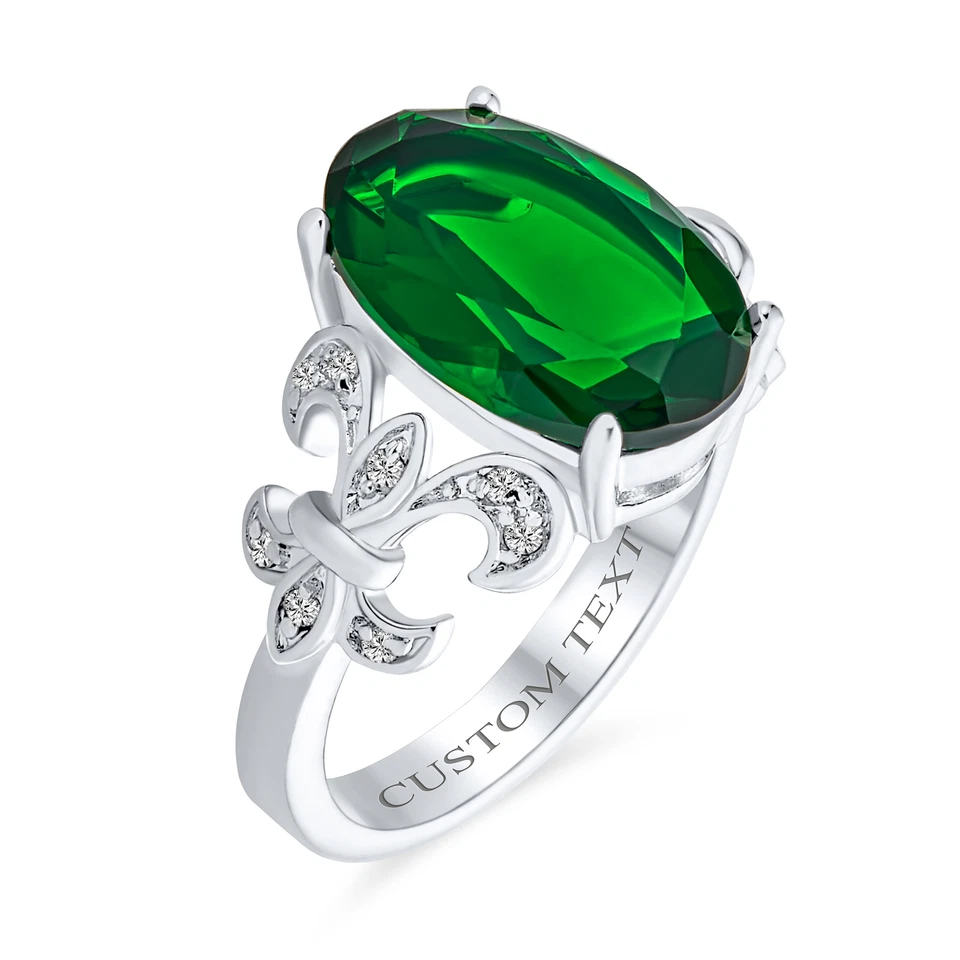 Anillo grande solitario ovalado 7 quilates circonita verde flor de lis pavé acento llamativo Foto 4 de 4