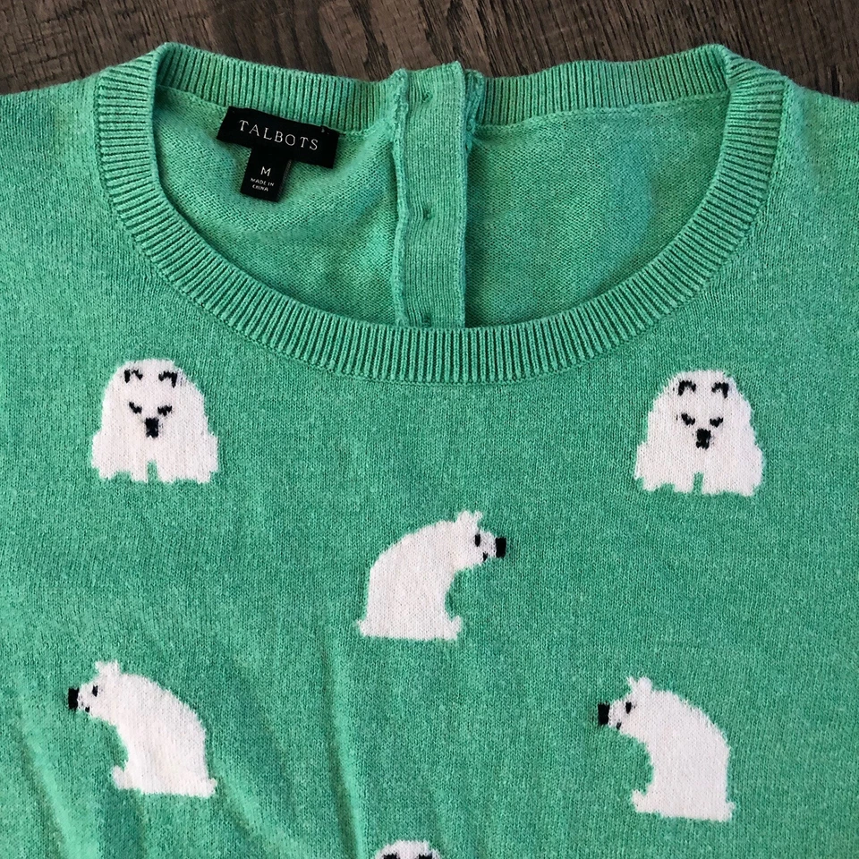 Talbots Cashmere Polar Bear Sweater Womens Medium Green Button Crew Neck - Image 2 of 4