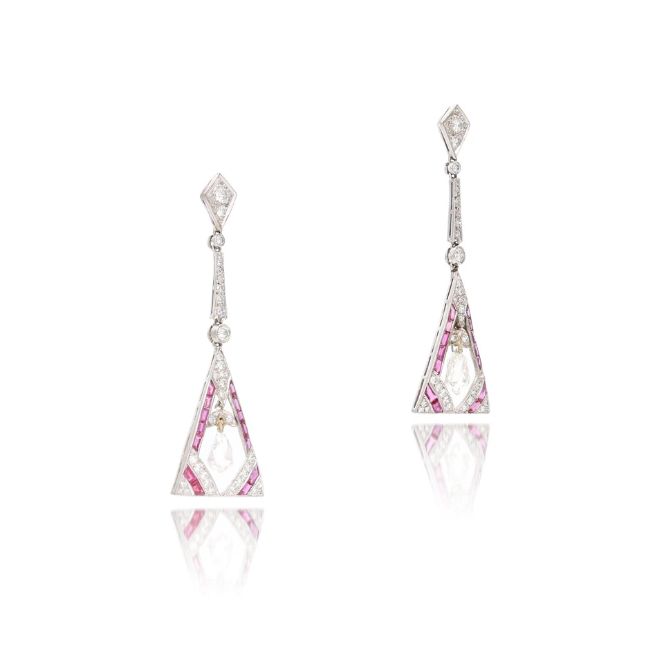 Classic 1920s Art Deco Style Pink Ruby & Lab-Created Diamonds Fancy Earrings - Image 2 of 4