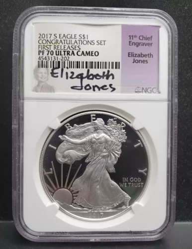 2017-S Silver Eagle NGC PF70 UCAM Elizabeth Jones Signed Congratulations Set 