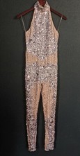 Sequin Nude Body Suit Halter Dance Costume Burlesque Silver XS S 