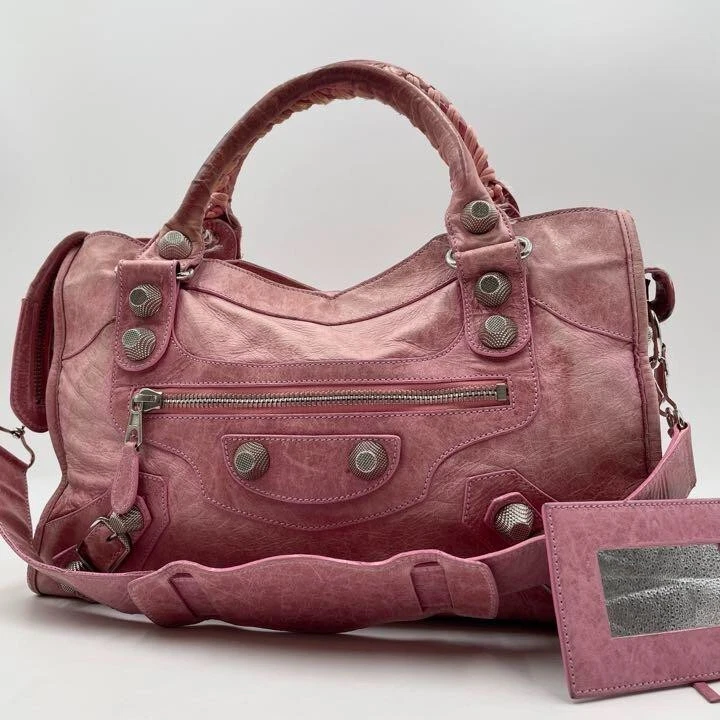 BALENCIAGA Giant City 2 Way Hand Shoulder Bag Leather Pink Silver 173084 |