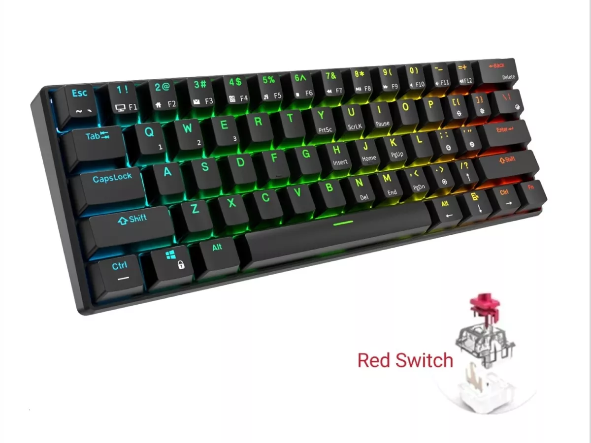 ROYAL KLUDGE RK61 Wireless Mechanical Keyboard 2.4Ghz/BT5.0/USB-C Black(Red  key)