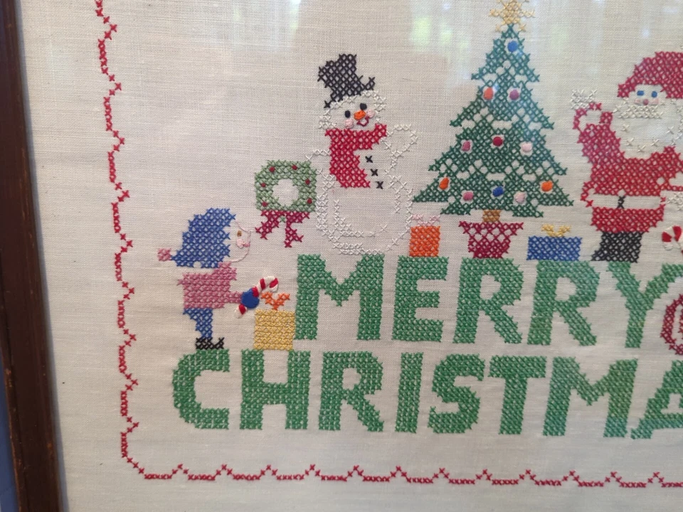 Vtg Cross Stitched Linen Framed Merry Christmas Wall Hanging Cottage Core - Image 3 of 4
