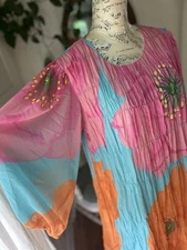 Trina Turk Silvery Pleated Floral Turquoise Dress Size S/M Pullover Exc!