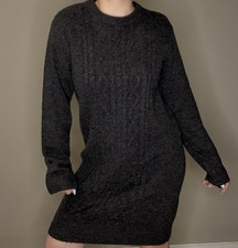 Black Knit Sweater Dress Women L Long Sleeve Cozy Soft Midi Casual
