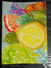 Original ACEO Butterfly, Citrus Slices Watercolor Painting, Lemon, , Fruit Art