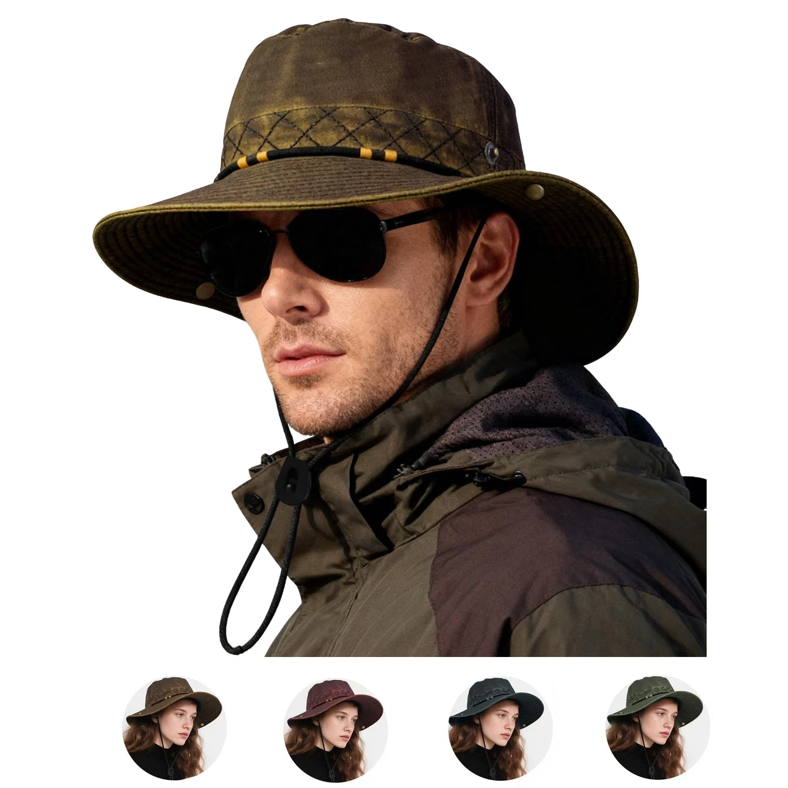 Vintage Sun Bucket Hats for Men Women UPF 50+ Wide Brim Fishing Boonie Hat fo...