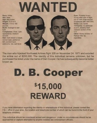 DB D.B. COOPER 8.5X11 PHOTO WANTED POSTER ORIGINAL 1971 FBI SKY HI-JACKER