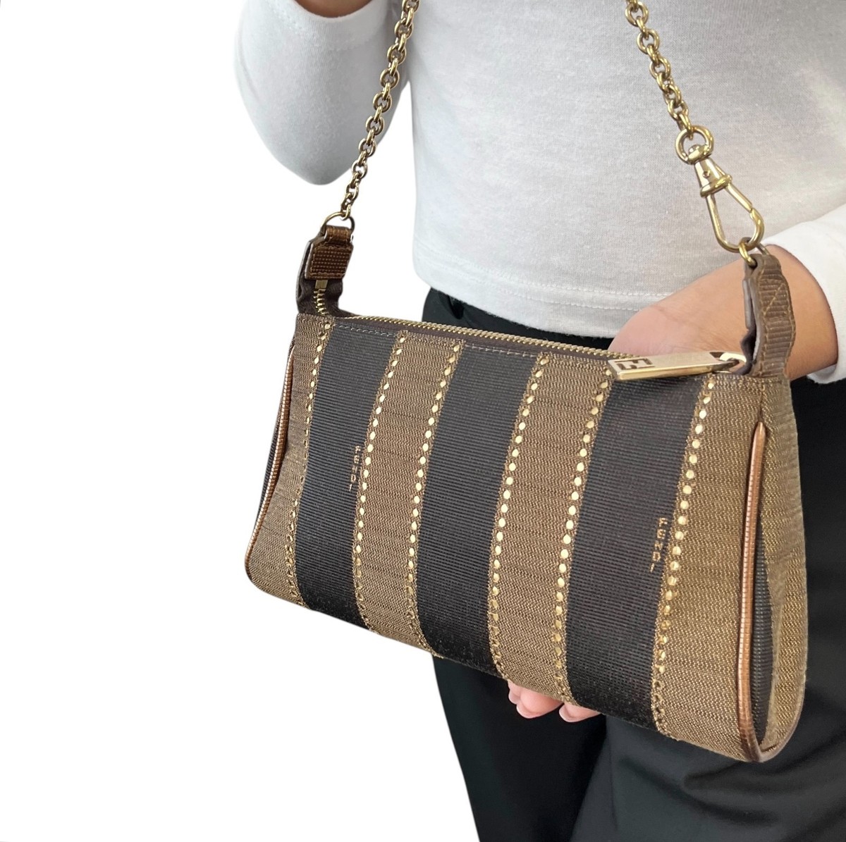 FENDI Vintage Logo Striped Canvas Shoulder Crossbody Bag Brown