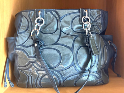 Vtg COACH Colette Shoulder Bag Patent  Black/Olive Leather C Signature Overlay