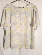 Ann Taylor-White Green Yellow Purple Floral Short Sleeve Top Blouse-XL