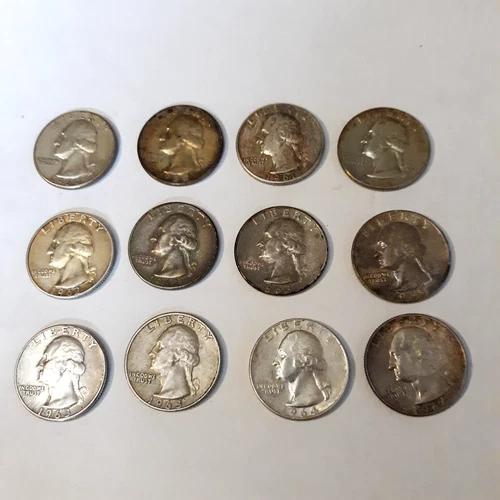 LOT OF 12 VINTAGE SILVER WASHINGTON QUARTERS 90% SILVER   1960-1964
