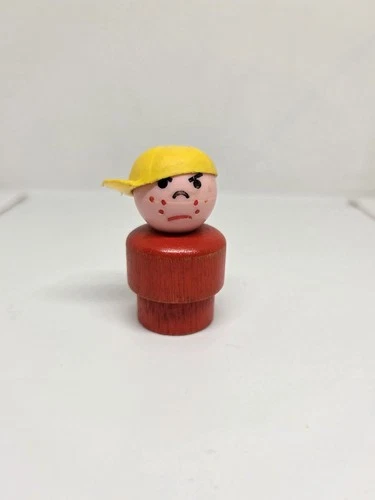 HTF Vintage Fisher Price little people wood red mad boy/bully w/yellow cap
