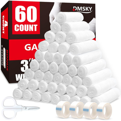 Gauze Rolls 60 Pack, 3 in X 4.1 Yards, Individually Wrapped Breathable Rolled Ga