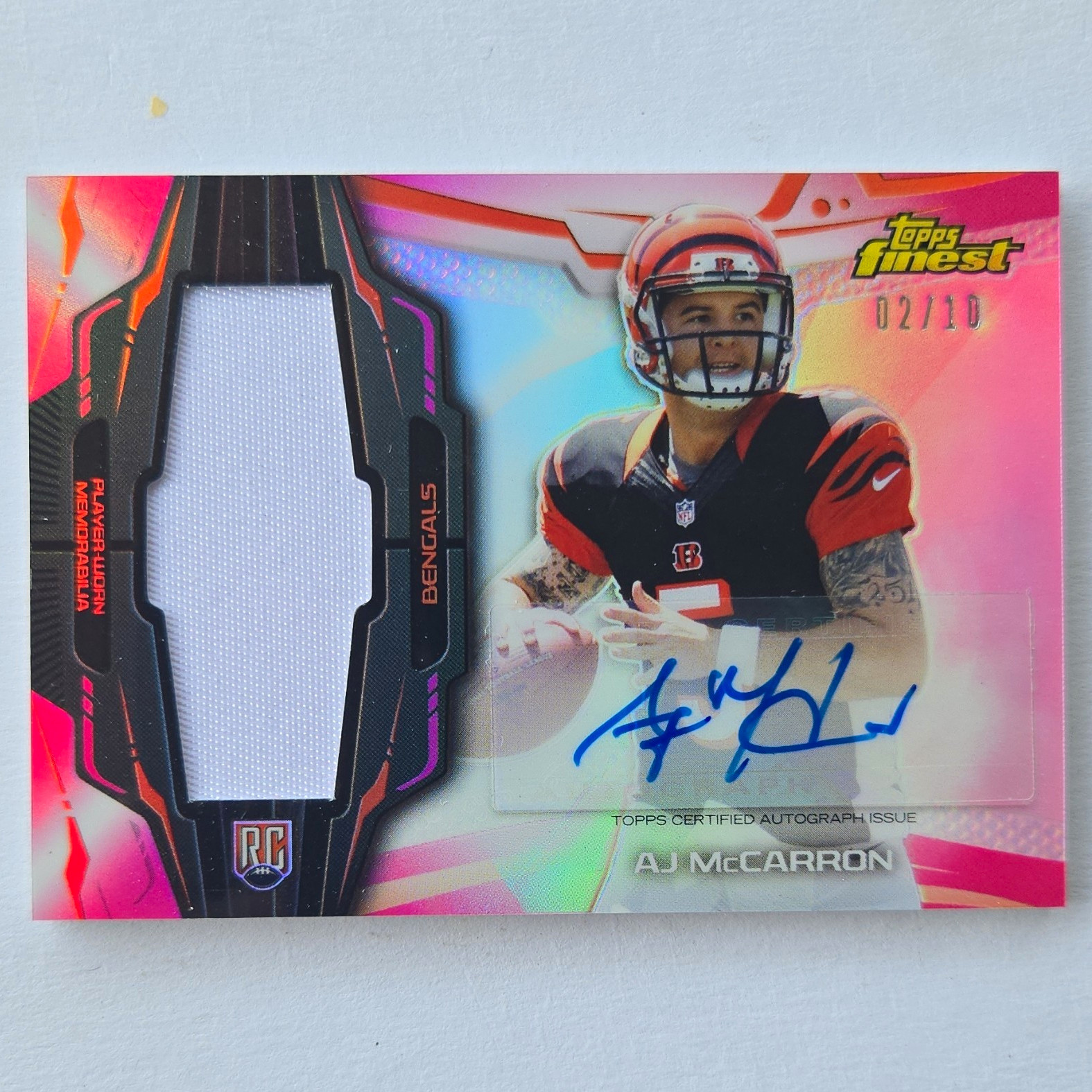 AJ McCarron Finest Rookie Autograph Patch #AMC Pink Refractor Jumbo