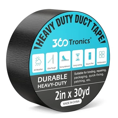 360TRONICS Black Duct Tape 2" x 30yds Roll, IP65 Waterproof Heavy Duty for Crafts & Repairs