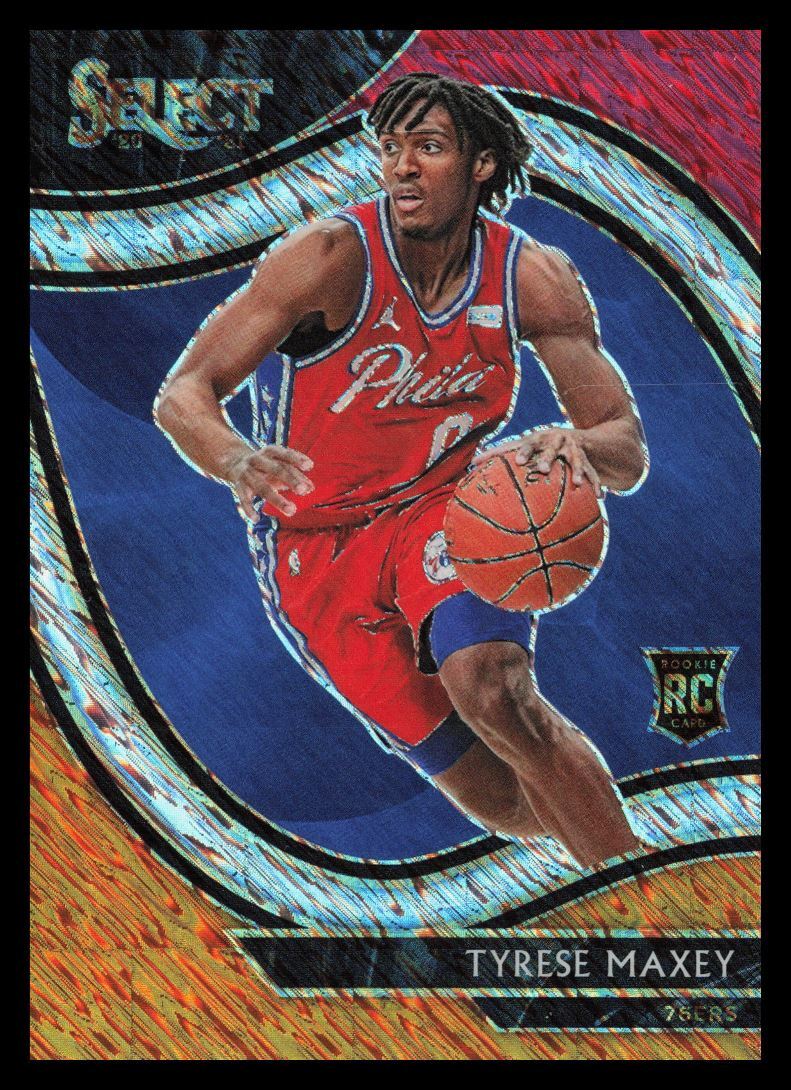 2020-21 Panini Select Red White Orange Shimmer Courtside Tyrese Maxey Rookie