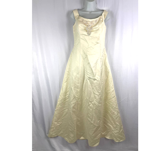 Jessica McClintock Off Shoulder Champagne Satin Wedding Gown Dress Sz 10 Beaded - Picture 12 of 16