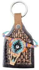 New Showman Cow tag-shaped AZTEC COW SKULL LEATHER KEYCHAIN w/ Basket weaving