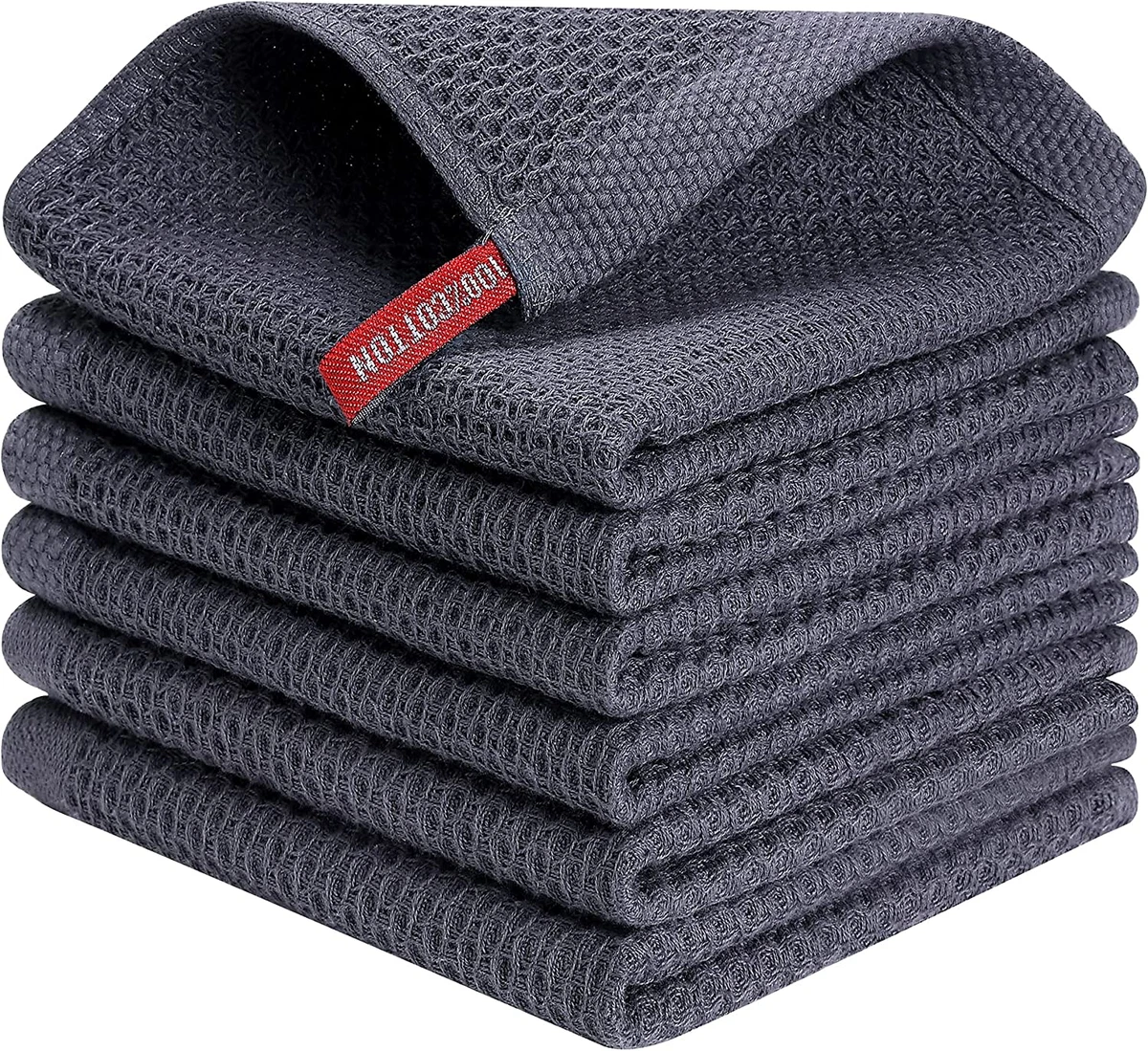 Homaxy 100% Cotton Waffle Weave Kitchen Dish Cloths, Ultra Soft Absorbent Quick Drying Dish Towels, 12x12 Inches, 6-Pack, Dark Grey