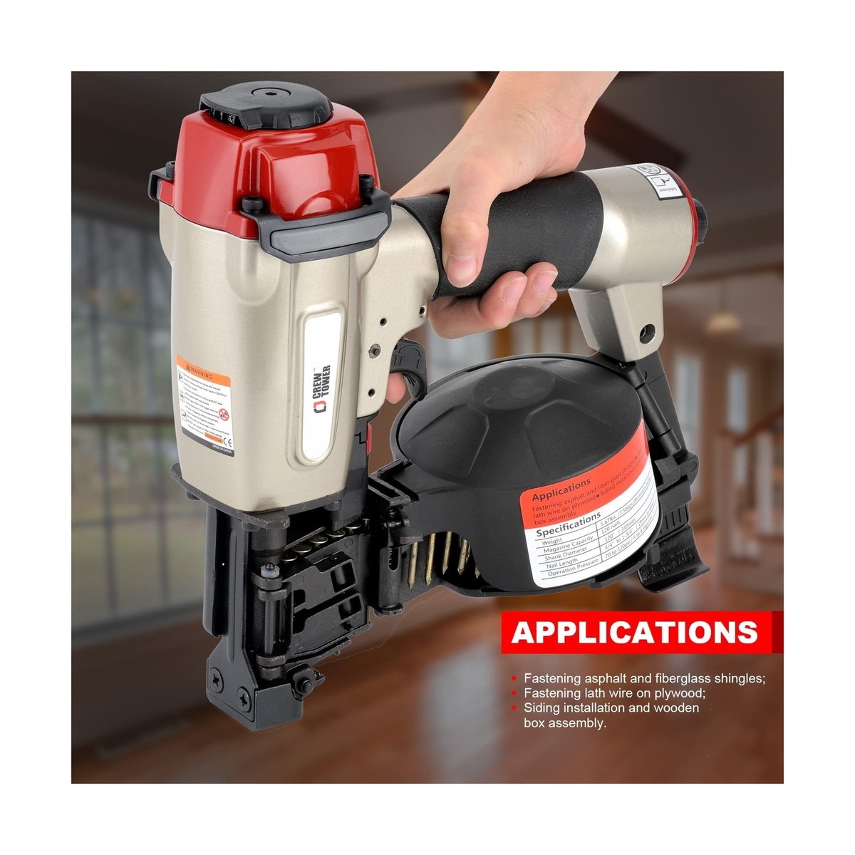 CREWTOWER 15-Degree Coil Roofing Nailer – Pneumatic Gun For 3/4" To 1-3/4" Nails, Heavy Duty For Shingles, Lath & Siding