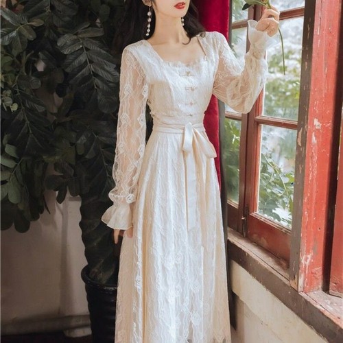 Women Fairy White Long Sleeve Dresses Lace Dress Elegant Vintage Square  Collar | eBay