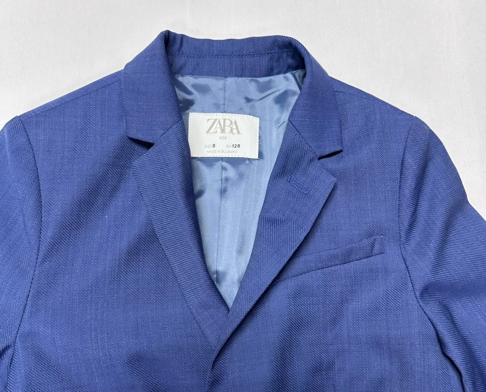 ZARA Kids Suit Blazer Jacket Boys Size 8 Wool Blend Tailored Fit Blue - Image 2 of 4
