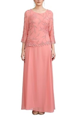 J Kara Sz 6-8 Coral Dress Formal Beaded Top Chiffon Popover Gown 3/4 Sleeve  NWT