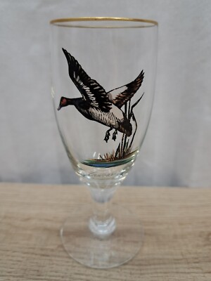 VTG 1950's Carwin Cordial Glass Painted Wild Game ''CANVAS BACK'' Gold Rim 