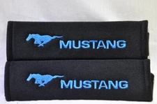 2 pcs (1 PAIR) Ford Mustang Embroidery Seat Belt Cover Pads (Blue on Black pads)