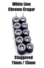 5x White Line Chrome Cragar 11/13mm Wheels w/ Rubber Tires for 1/64 H0T Wheelz