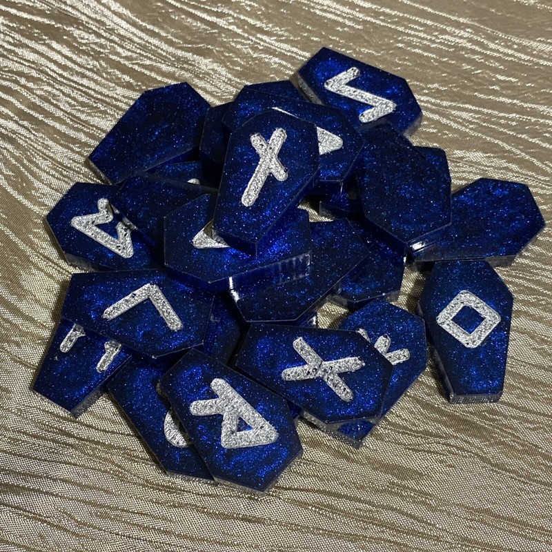 Coffin Shaped Deep Blue Shimmer Resin Rune Stones, Elder Futhark