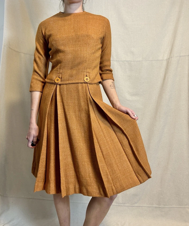 Vintage Johnathan Logan Burnt Orange Two Piece Dress Wool XS - Image 2 of 4