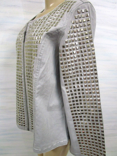 DIANE GILMAN GRAY PYRAMID STUDDED DENIM LONG SLEEVE JACKET SIZE L - NWT - Picture 6 of 8