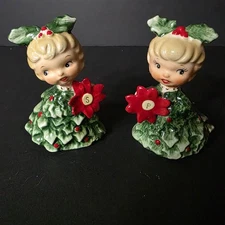 Holt Howard Salt & Pepper Vtg 1950s Christmas Poinsettia Holly Tree Girls Read 