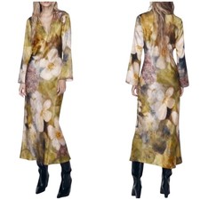 ZARA Womens Maxi Dress Size S Watercolor Abstract Print Long Sleeve Silky Resort